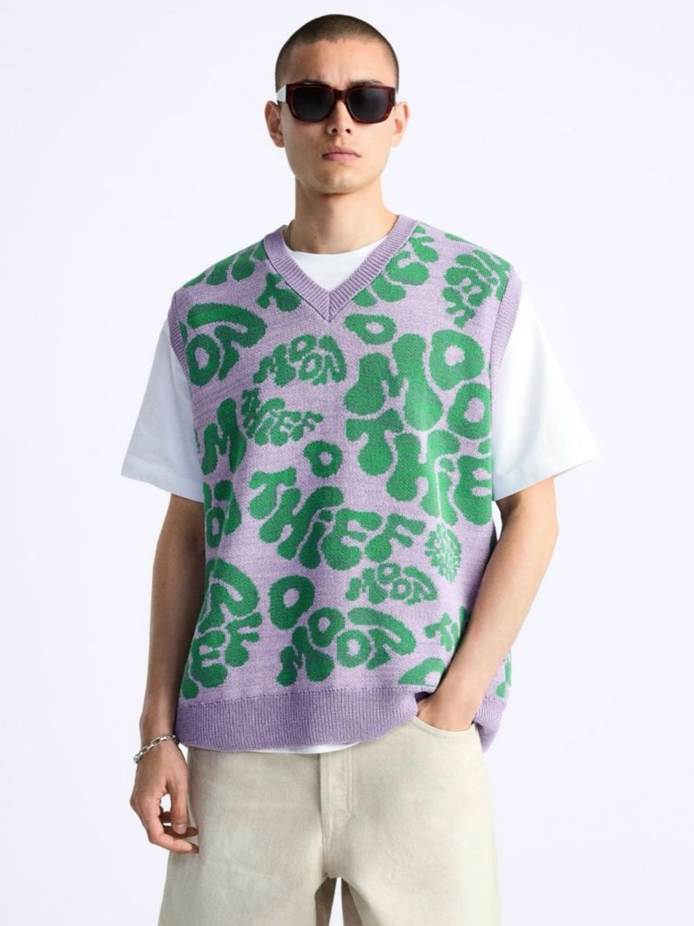 Zara Moon Thief Knit Sweater Vest Purple Green Abstract Graphic V-Neck L/XL